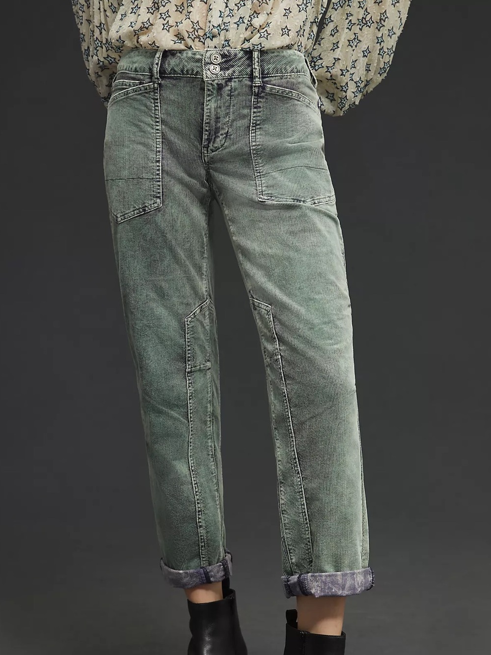 NWT! Pilcro Anthropologie The Wanderer Corduroy Sage Green Boyfriend Cargo Jeans